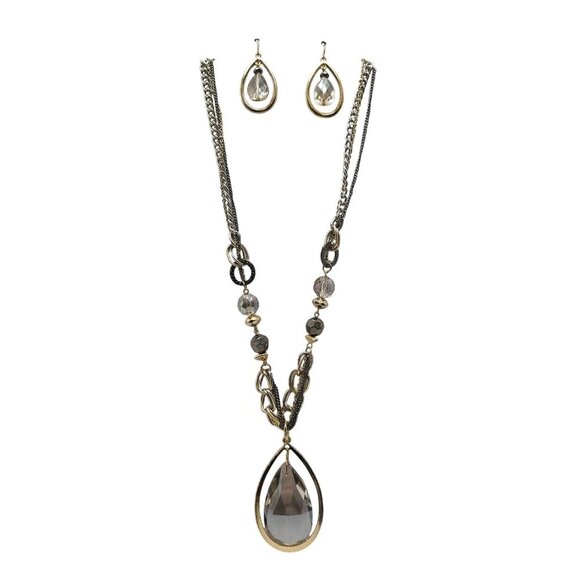 Laura Ashley Gold Silver Crystal Teardrop Necklace & Earrings Set - Picture 1 of 8